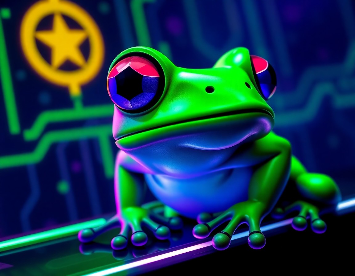 Detalle artístico de un sapo verde neón con acentos futuristas y luces violeta, símbolo del proyecto PEPE2