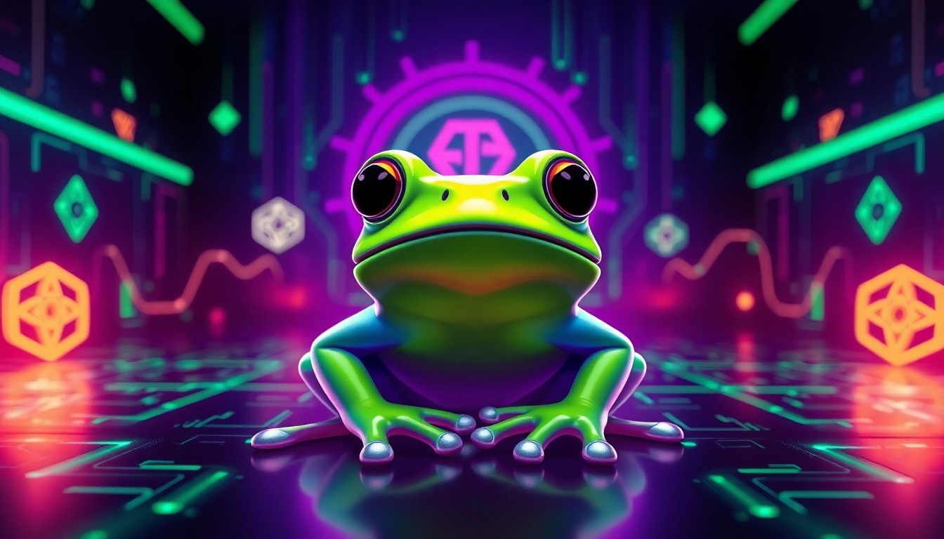 Ilustración estilizada de un sapo verde neón sobre un fondo digital futurista con símbolos de Solana, representando el proyecto PEPE2